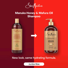 SheaMoisture Champú etiqueta de ingredientes con miel de Manuka y Mafura para nutrición.