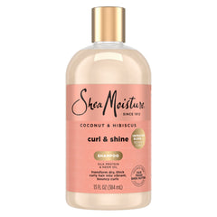 SheaMoisture Coco Hibisco champú, bote visible, limpia sin despojar humedad para rizos definidos.