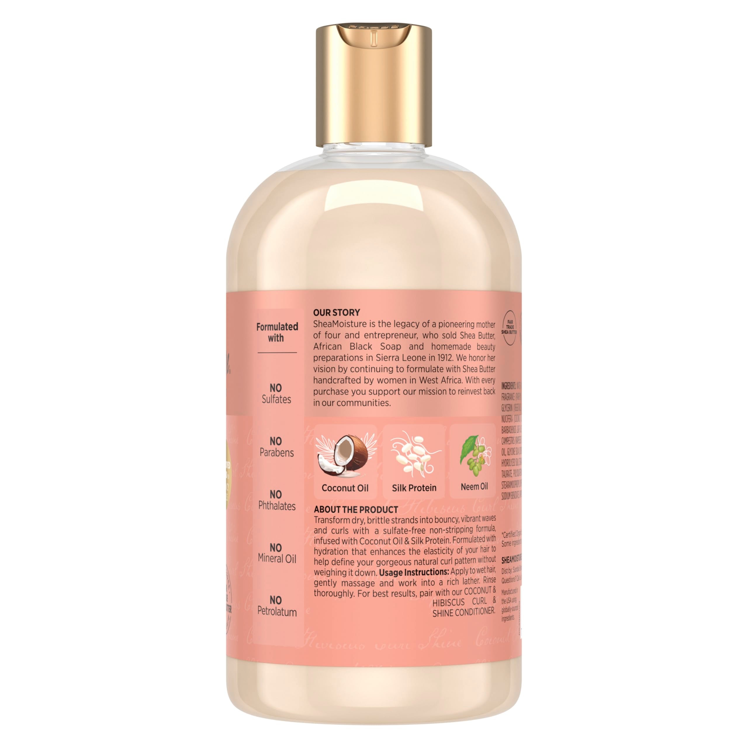 SheaMoisture Coco Hibisco champú, espuma cremosa sobre cabello rizado, limpieza suave y humedad preservada.