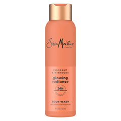 SheaMoisture Coconut Hibiscus Glowing Radiance body wash bottle shown for 24H moisture benefits