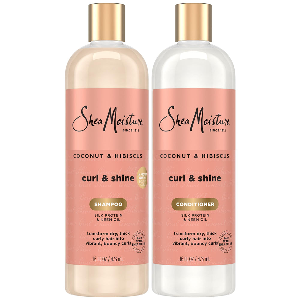 Sheamoisture Coconut and Hibiscus shampoo bottle highlights frizz control for curly hair