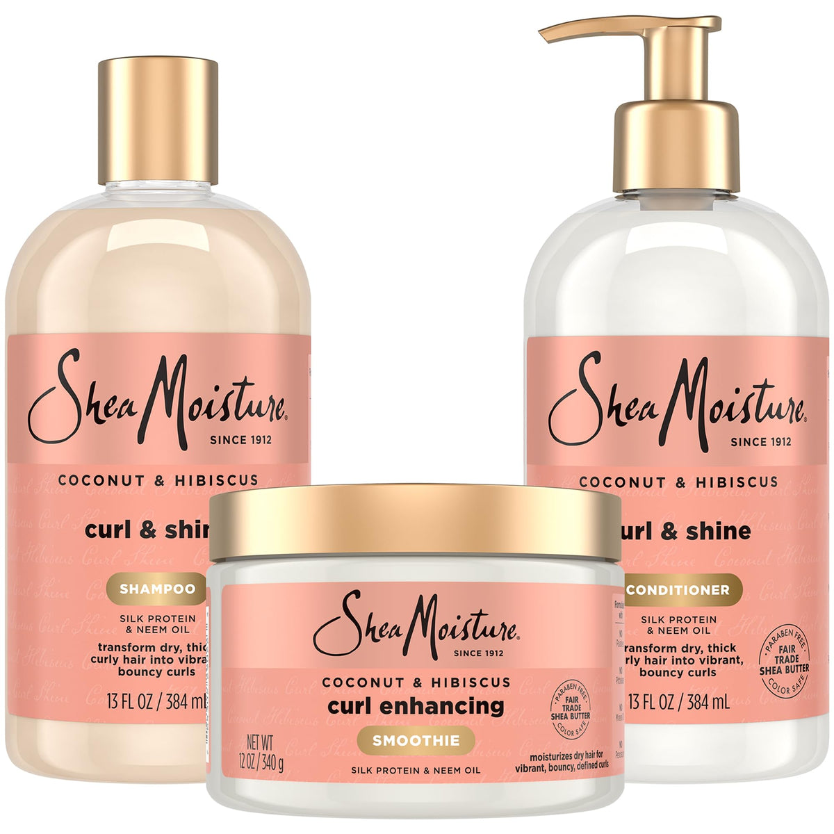 SheaMoisture Coconut Hibiscus shampoo bottle defines curls with gentle cleansing.