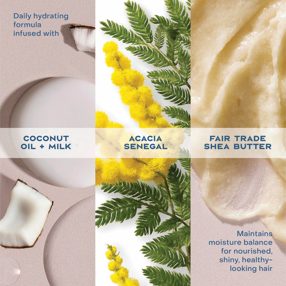 SheaMoisture Condicionador: ingredientes como coco virgen y aloe para hidratación.