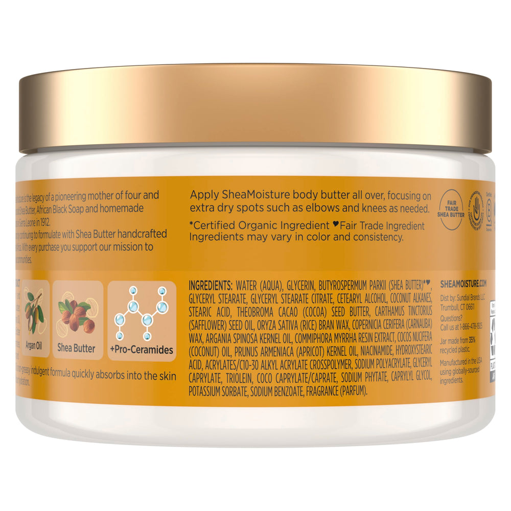 SheaMoisture crema corporal aceite de argán aporta suavidad y nutrición duradera.