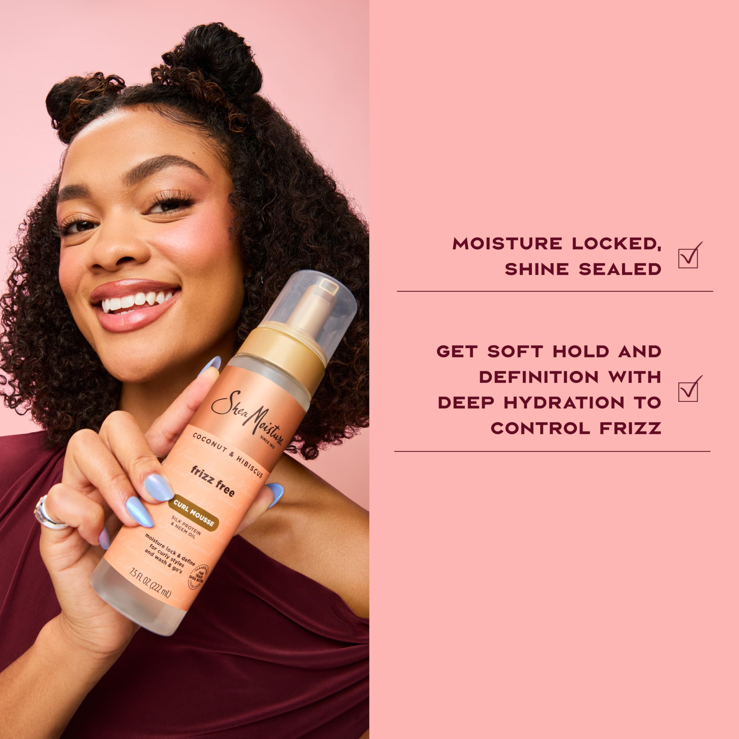 Curls after styling appear shiny, soft, and bouncy with the mousse.