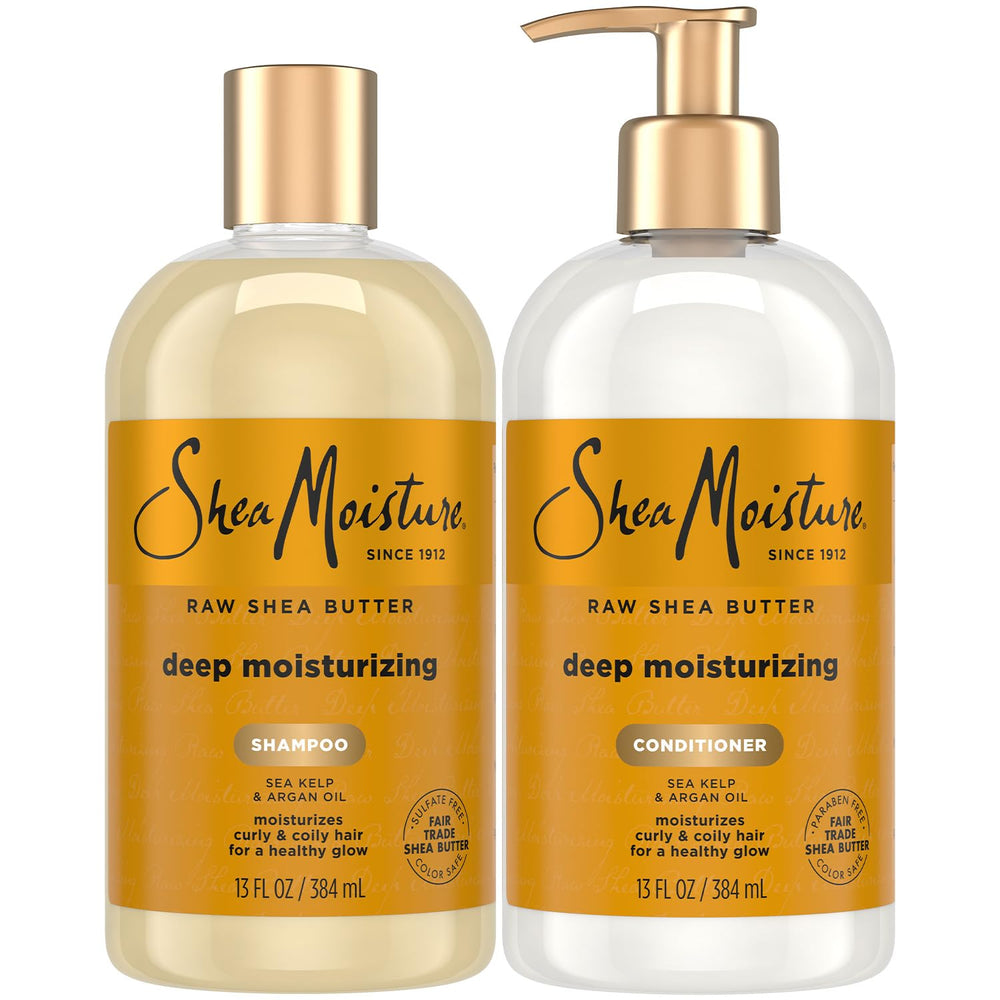 SheaMoisture deep moisturizing shampoo bottle shows creamy lather for hydrated curls.