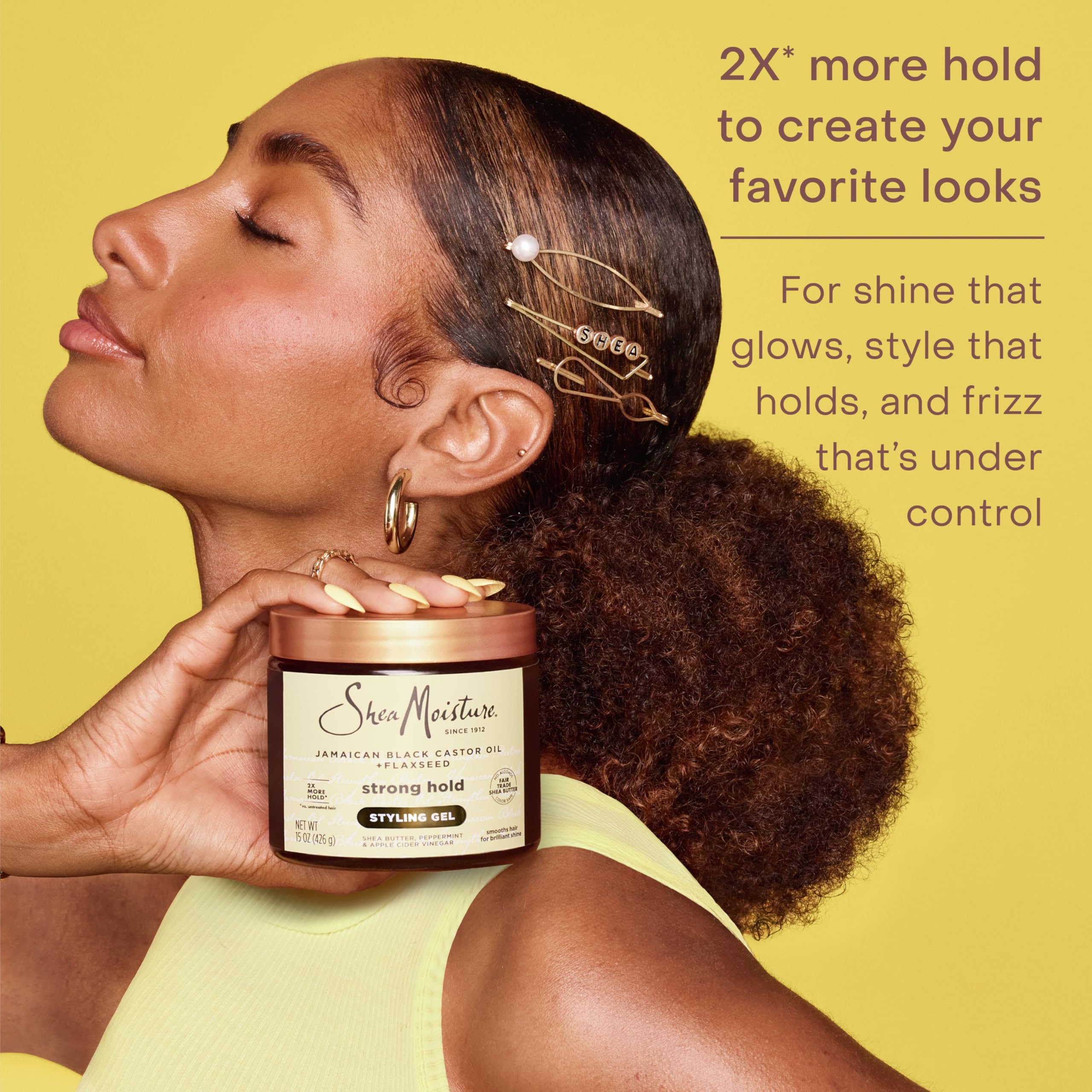 SheaMoisture Gel Fuerte, aceite-de-ricino: brillo suave y suavidad natural.