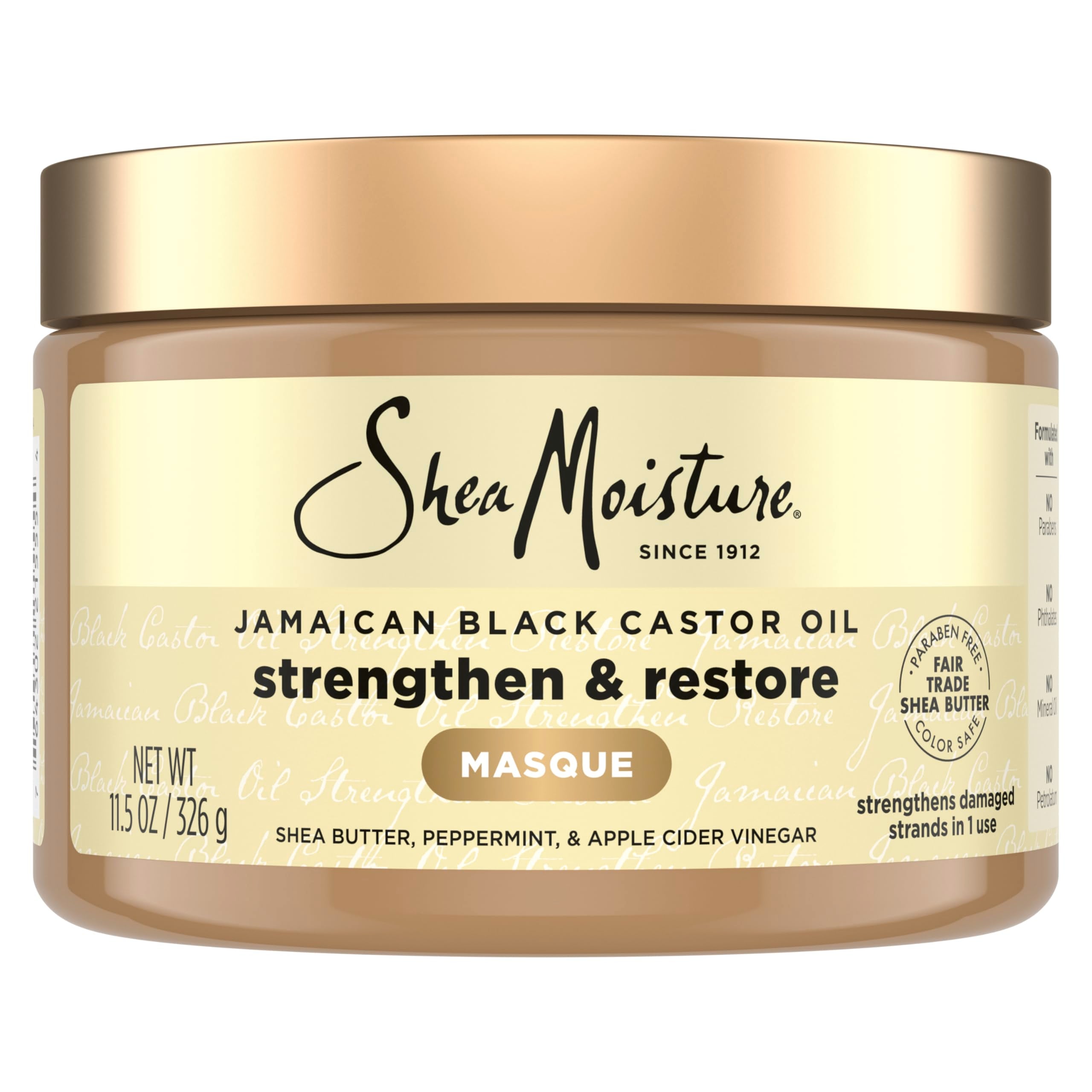 SheaMoisture mascarilla con aceite de ricino jamaicano, botella mostrando textura cremosa y ángulo de producto, beneficio de hidratación