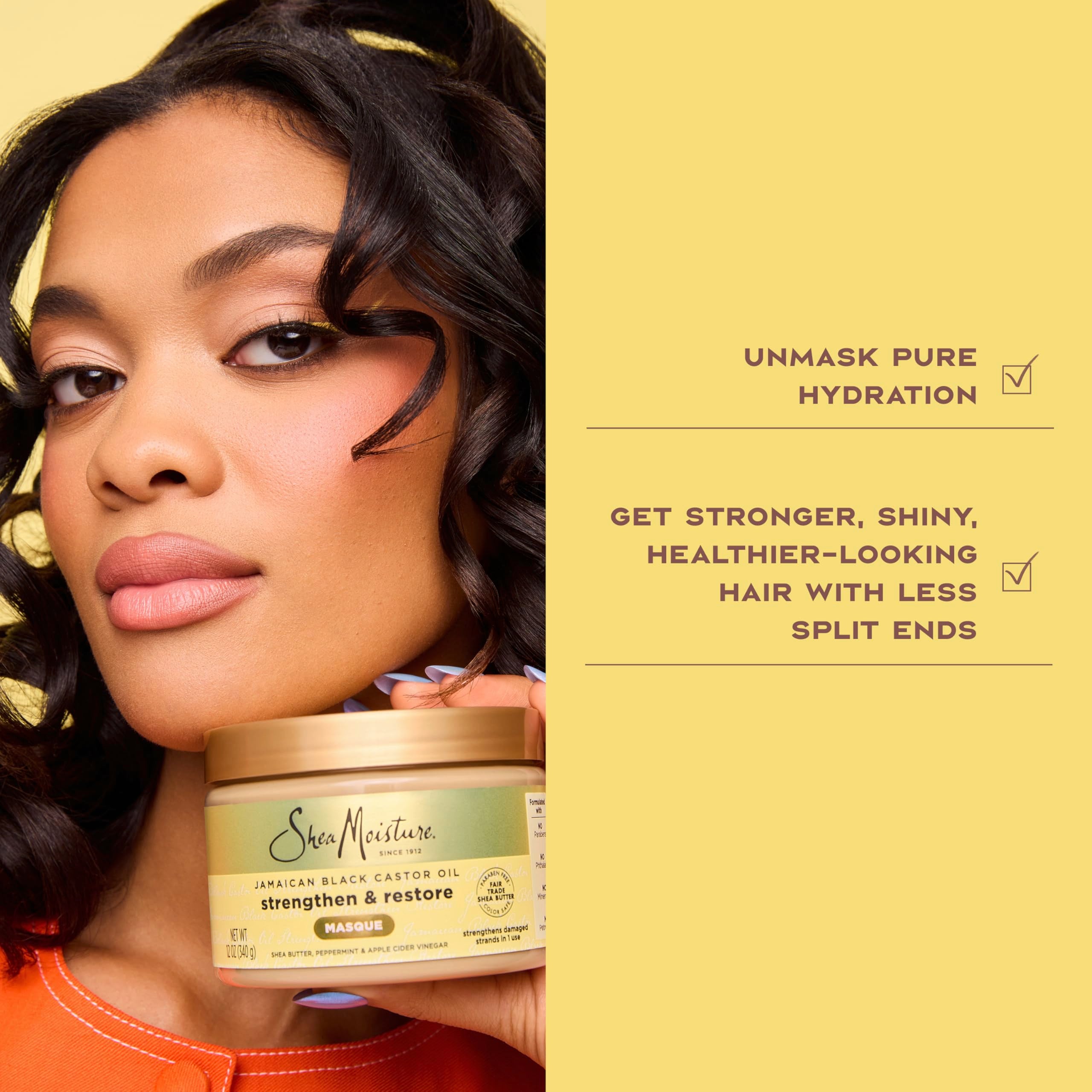Cabello dañado antes y después, muestra resultados posibles con SheaMoisture Jamaican Black Castor Oil Masque