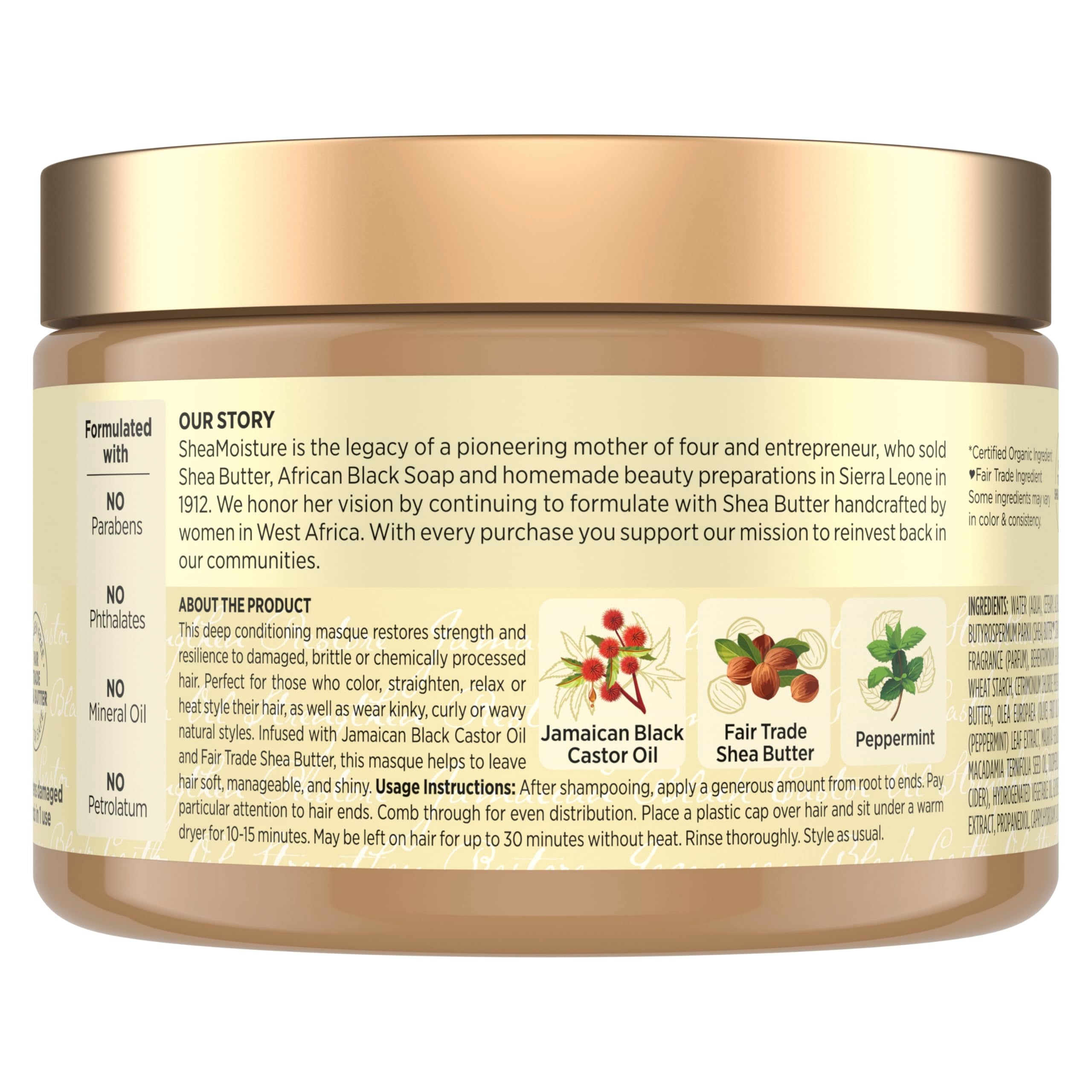 Frasco de mascarilla de SheaMoisture con aceite de ricino jamaicano, enfoque en el empaque y la crema