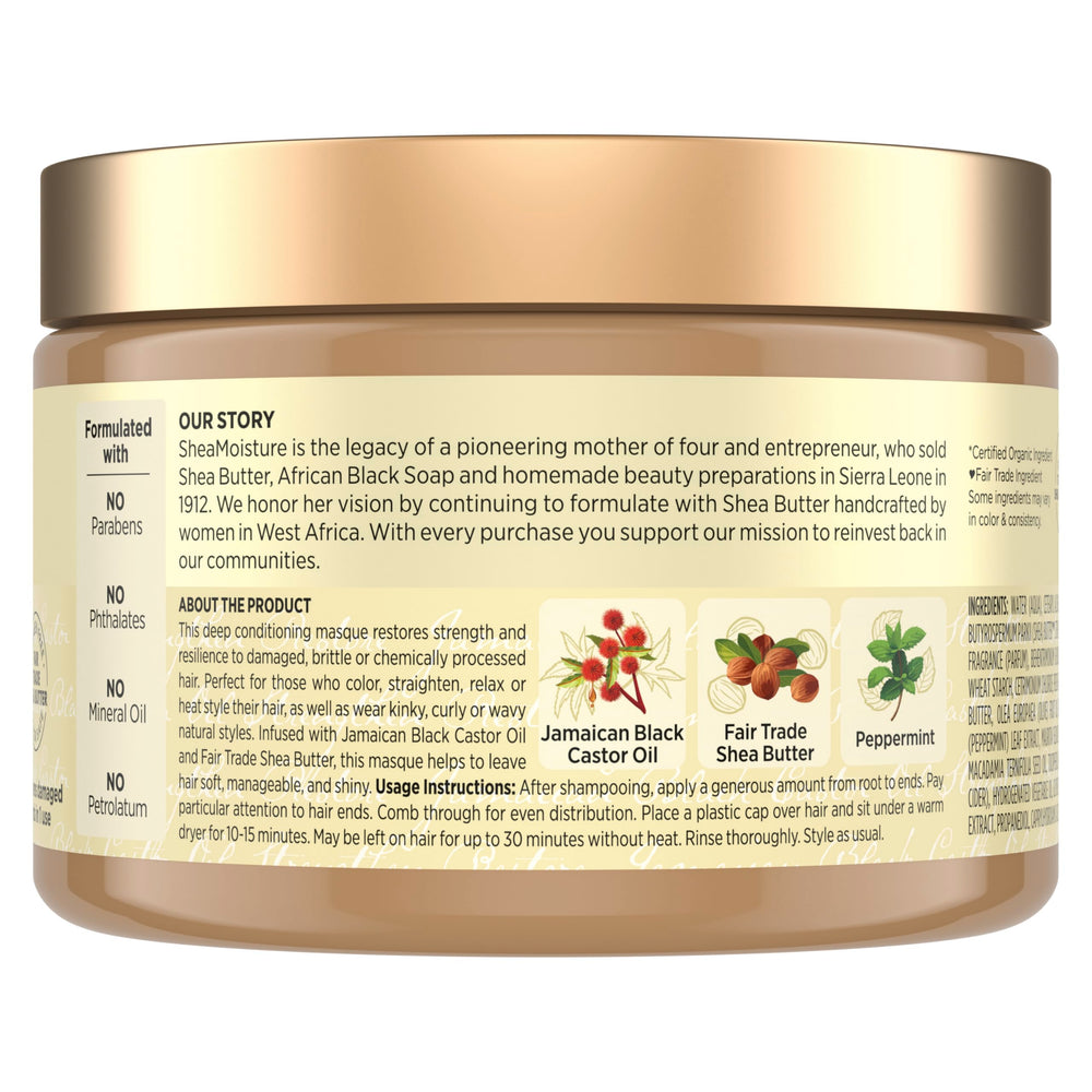 Frasco de mascarilla de SheaMoisture con aceite de ricino jamaicano, enfoque en el empaque y la crema