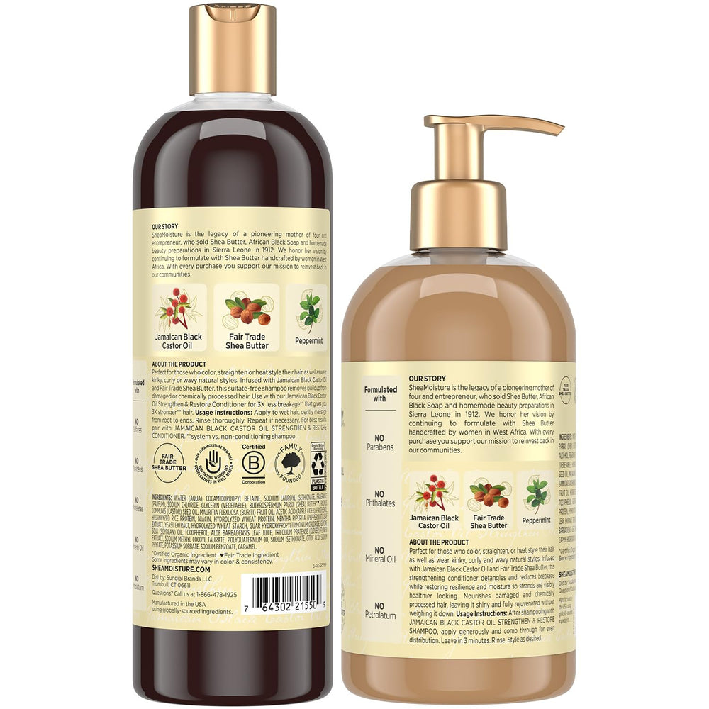 SheaMoisture Jamaican Black Castor Oil shampoo bottle close-up label highlighting ACV and peppermint benefits