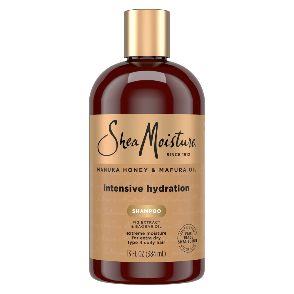 Botella SheaMoisture Manuka Honey Mafura Shampoo para rizos hidratados.