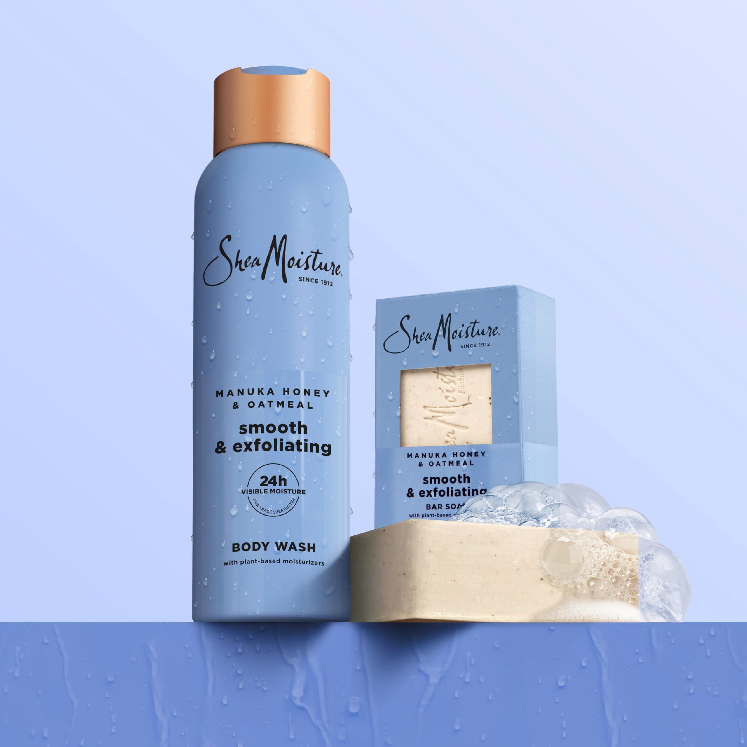 Fair trade shea butter highlighted on SheaMoisture Manuka Honey Oatmeal packaging.