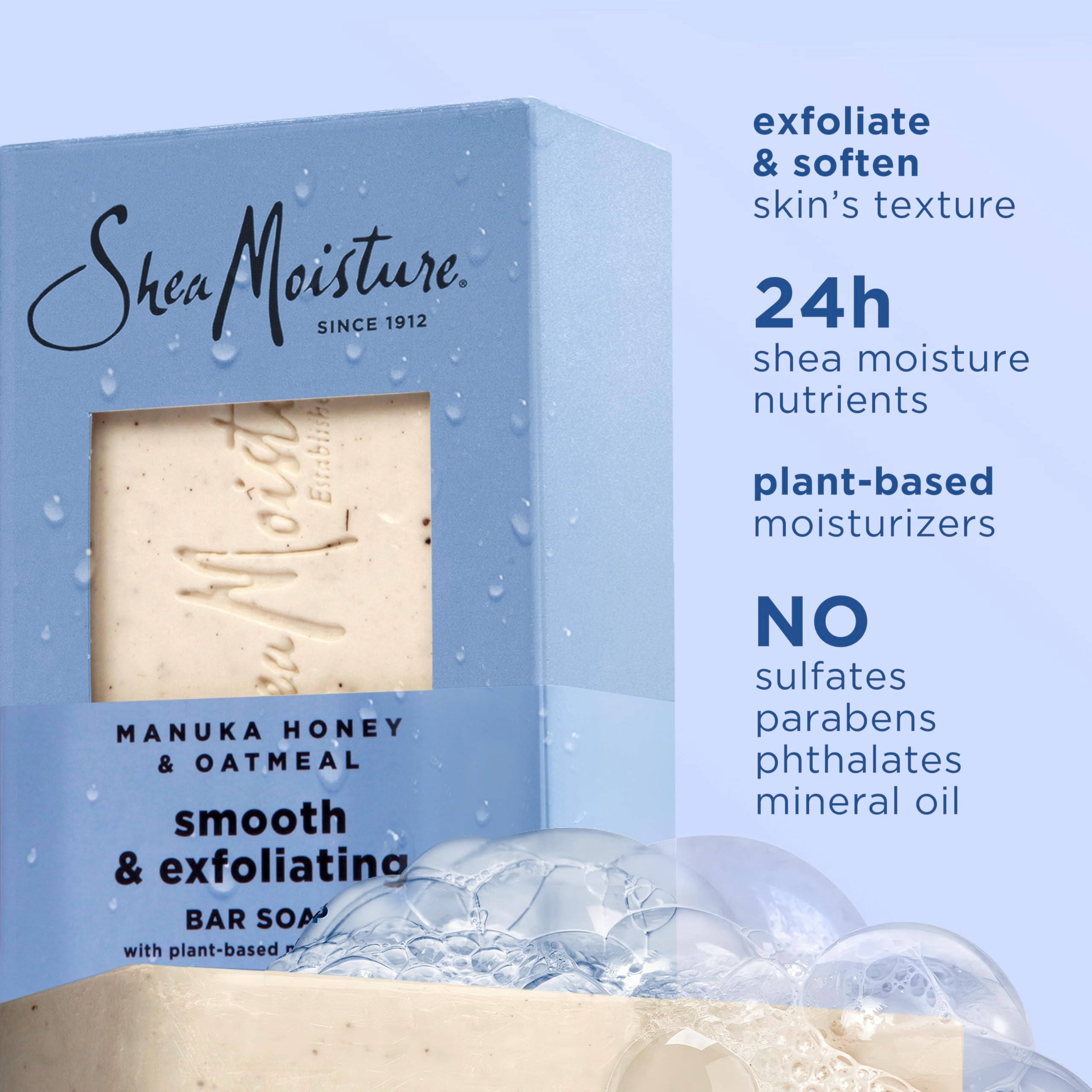 Close-up of exfoliating texture on SheaMoisture Manuka Honey Oatmeal bar soap.