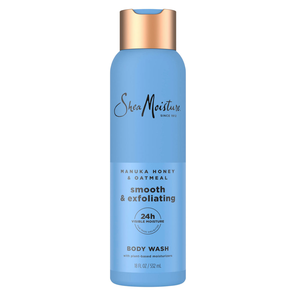 SheaMoisture Manuka Honey Oatmeal, botella vertida, hidratación duradera para piel suave.