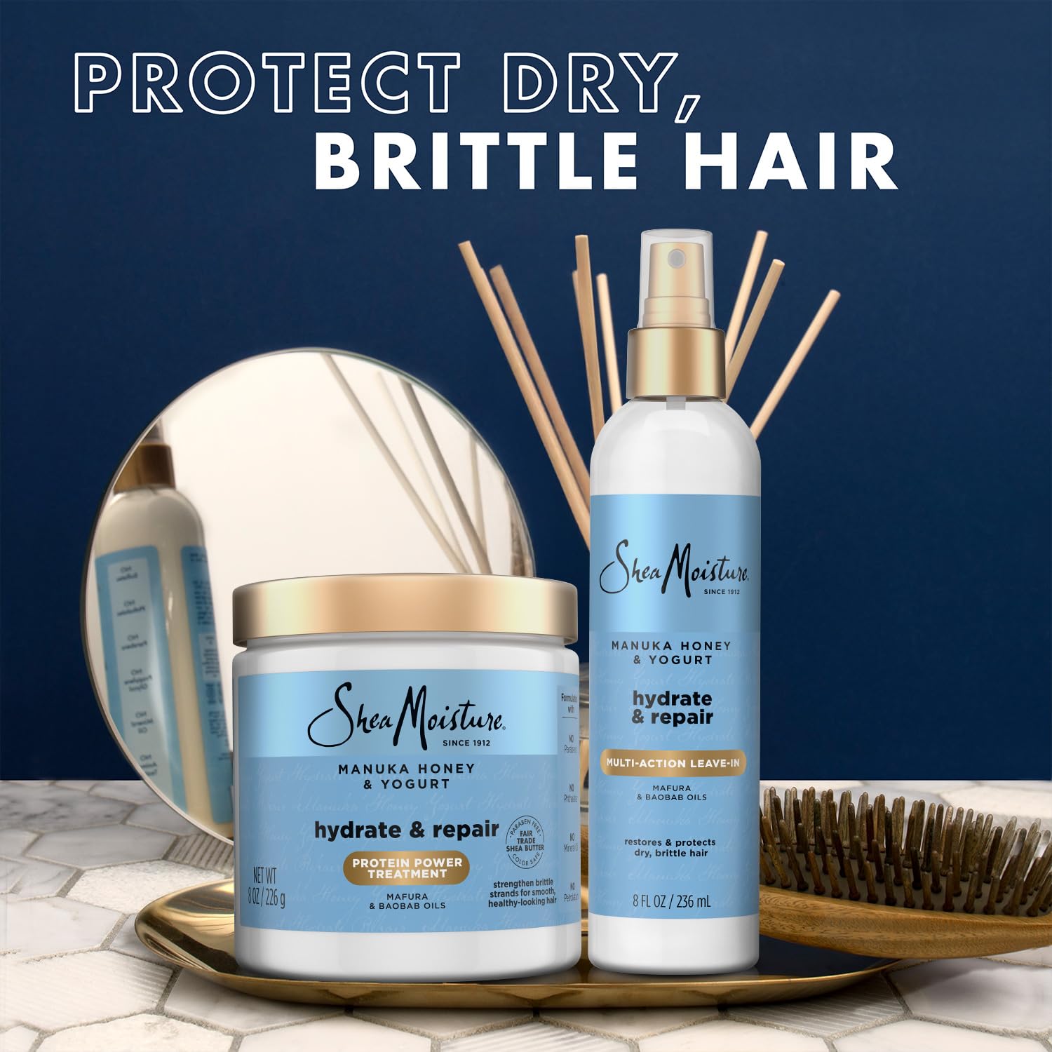Before-and-after damaged hair image illustrating strength from SheaMoisture protein treatment.