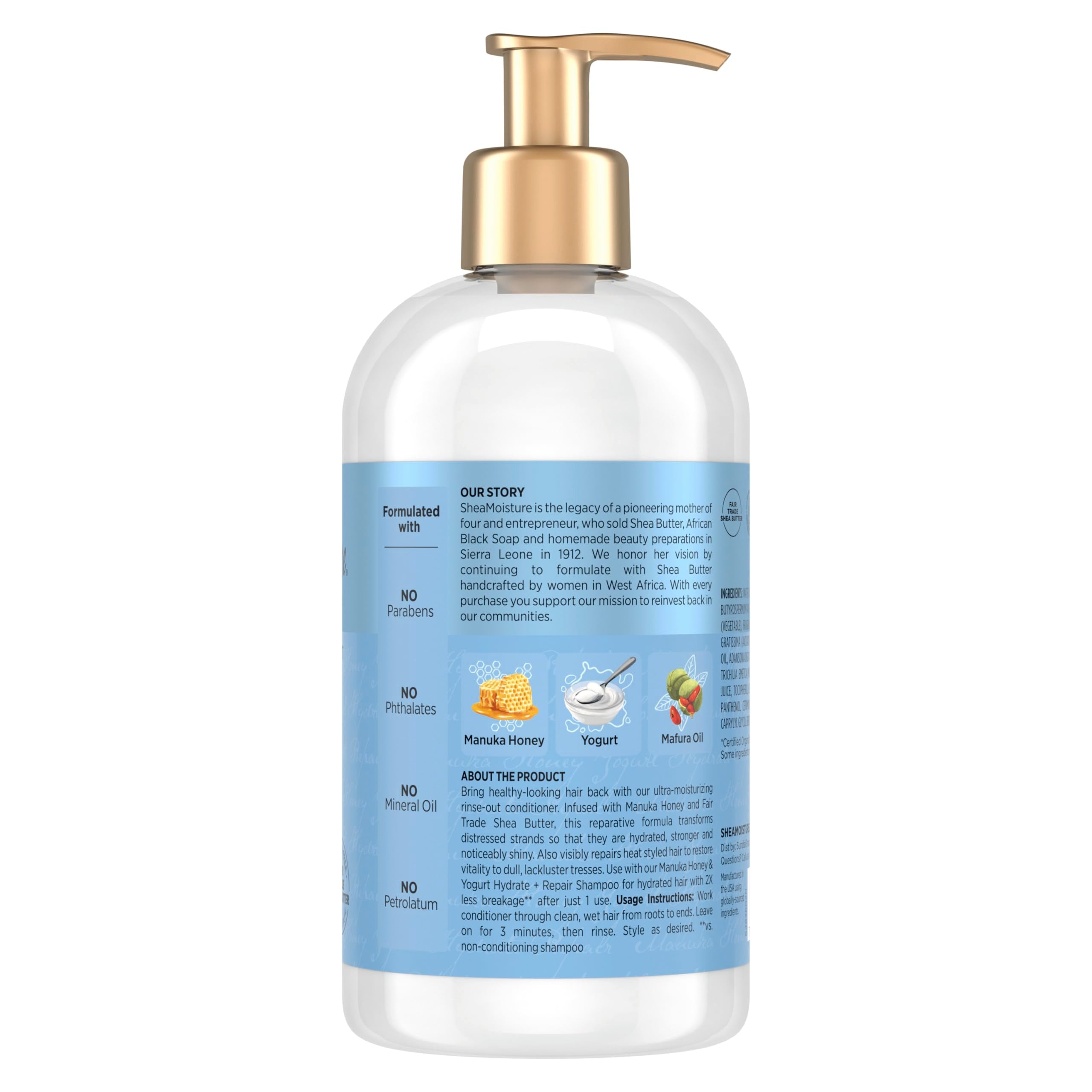 Product bottle of SheaMoisture Hydrate & Repair Conditioner shows a rich, nourishing formula.
