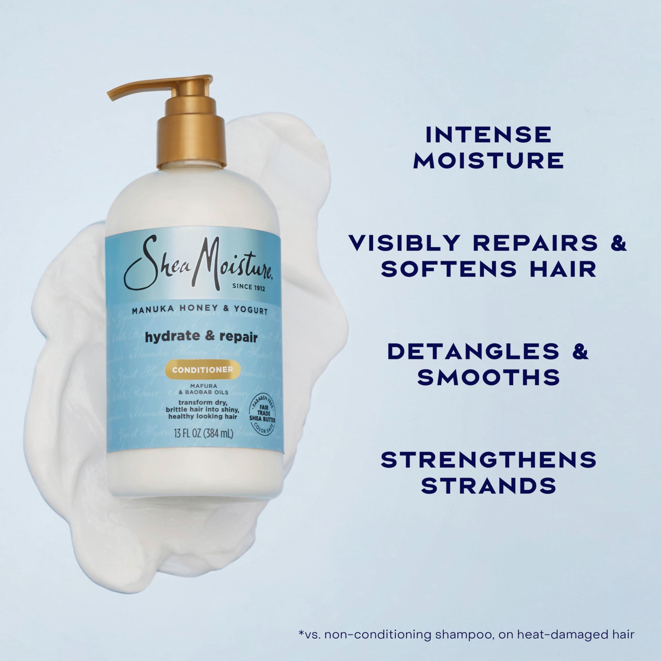 Creamy texture of SheaMoisture Hydrate & Repair Conditioner for deep conditioning.