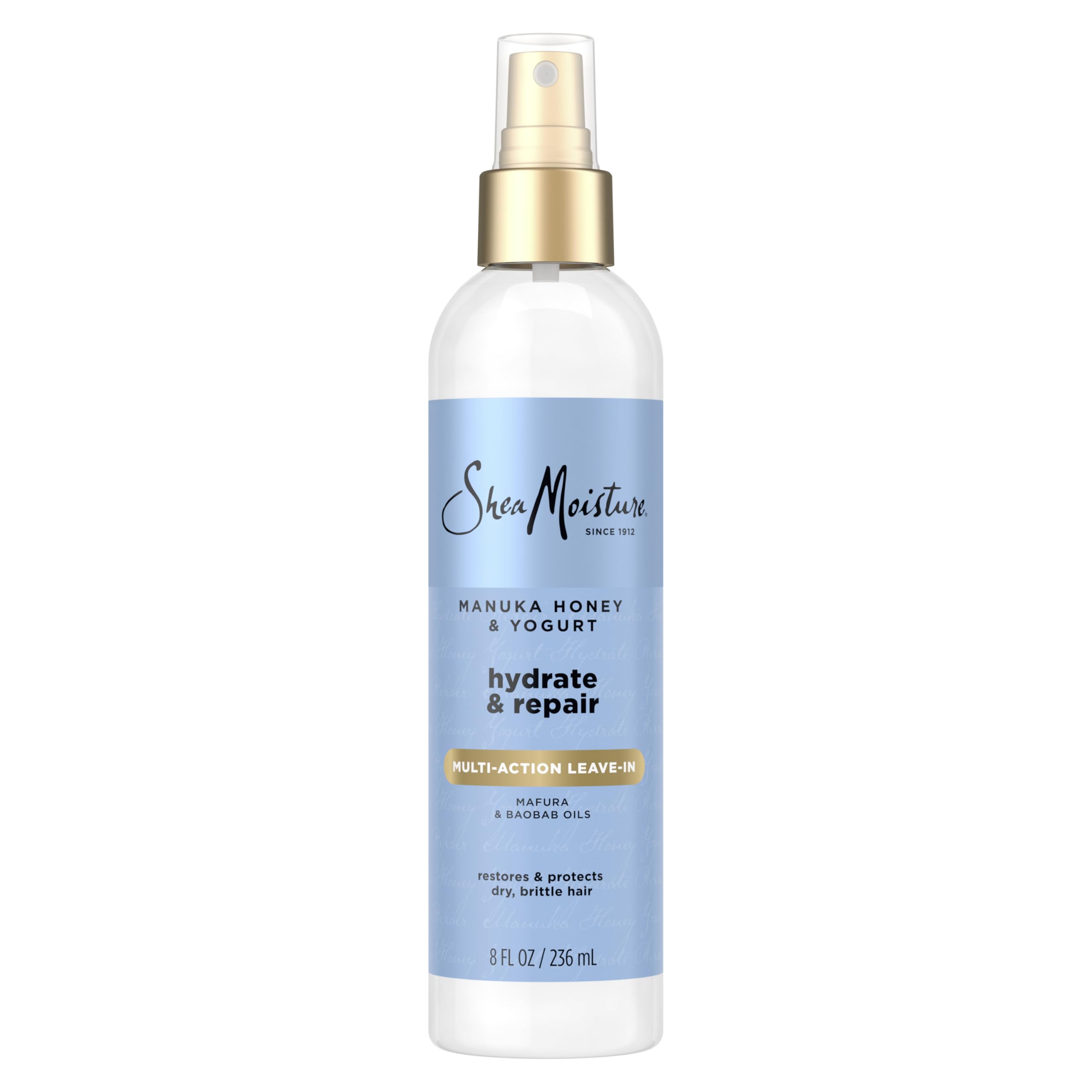 Sheamoisture Manuka Honey Yogurt Leave-In Spray bottle ready to use for hydration.
