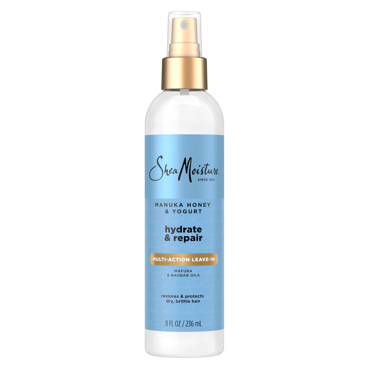 Sheamoisture Manuka Honey Yogurt Leave-In Spray bottle ready to use for hydration.