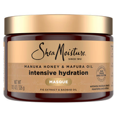 SheaMoisture Mascarilla Hidratación Intensa Manuka Miel: frasco visible y cabello seco se hidrata