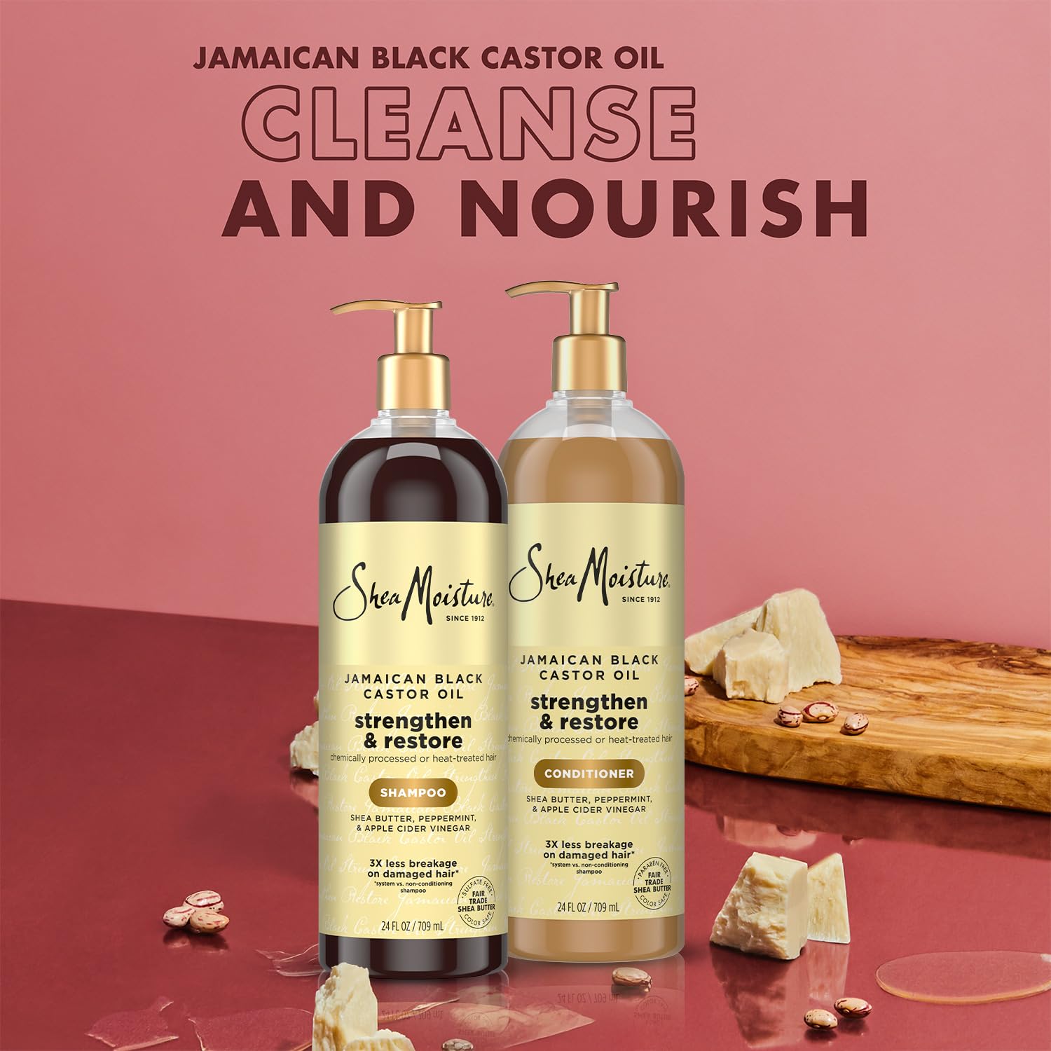 Sheamoisture Strengthen and Restore set packaging; convenient family-size pumps for whole-home use.