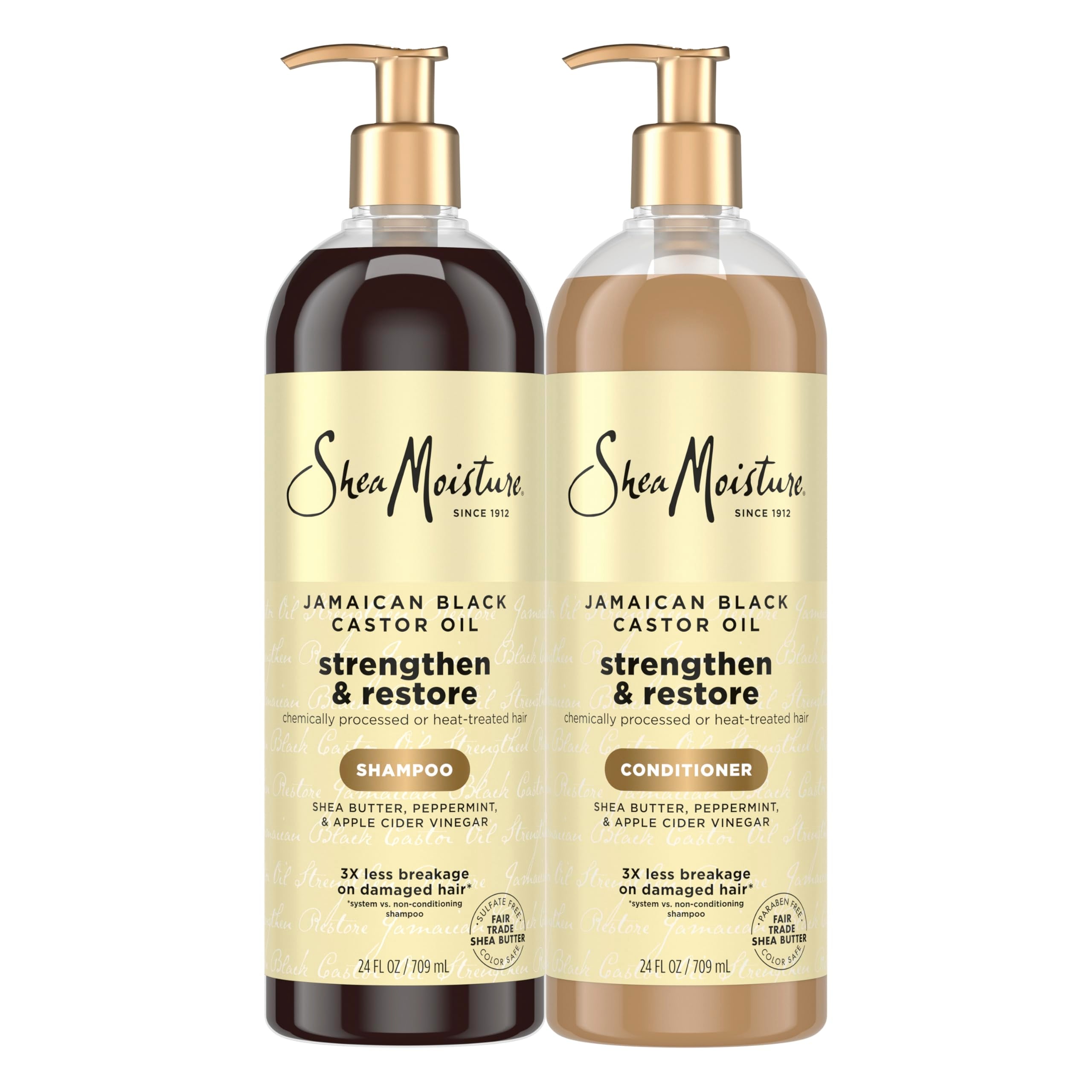 Sheamoisture Strengthen & Restore Shampoo bottle hydrates dry hair.