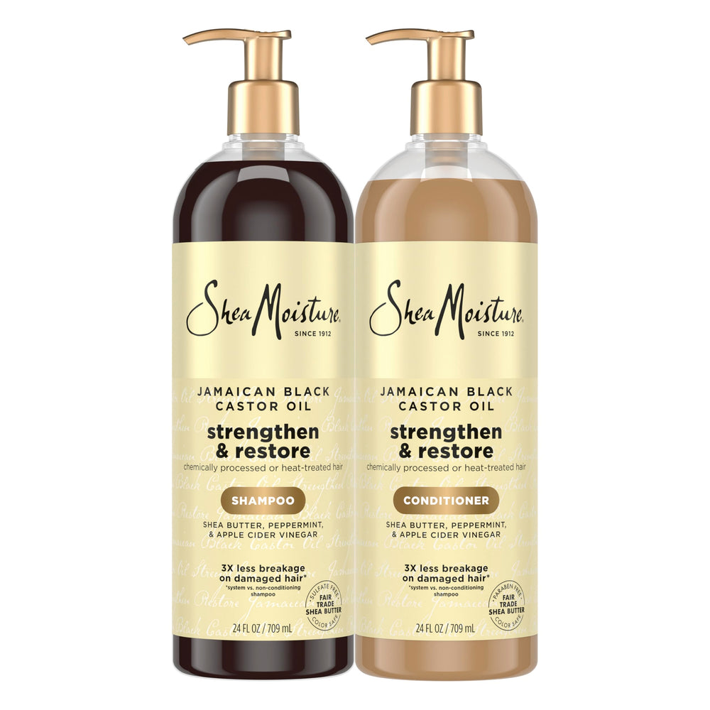 Sheamoisture Strengthen & Restore Shampoo bottle hydrates dry hair.