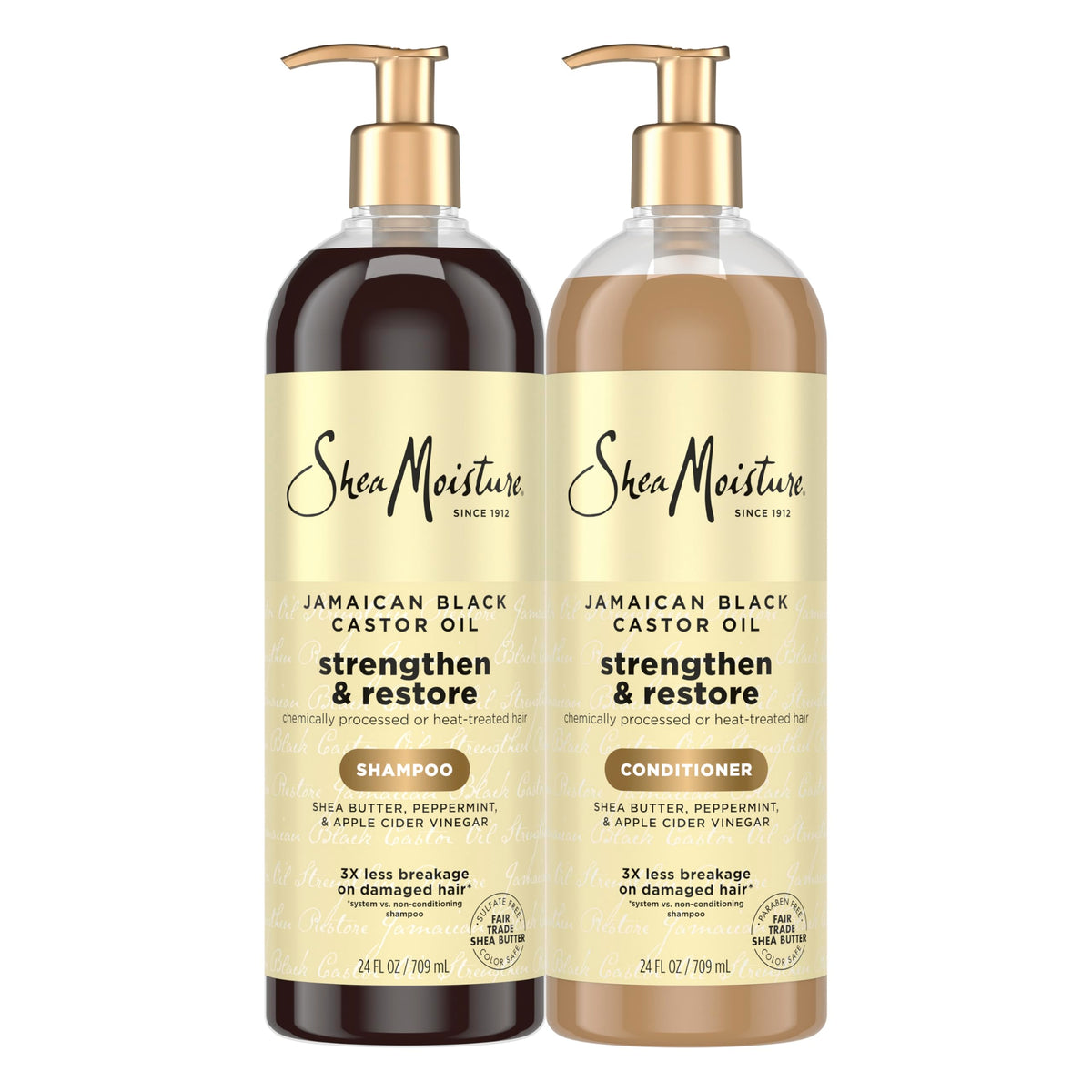 Sheamoisture Strengthen & Restore Shampoo bottle hydrates dry hair.