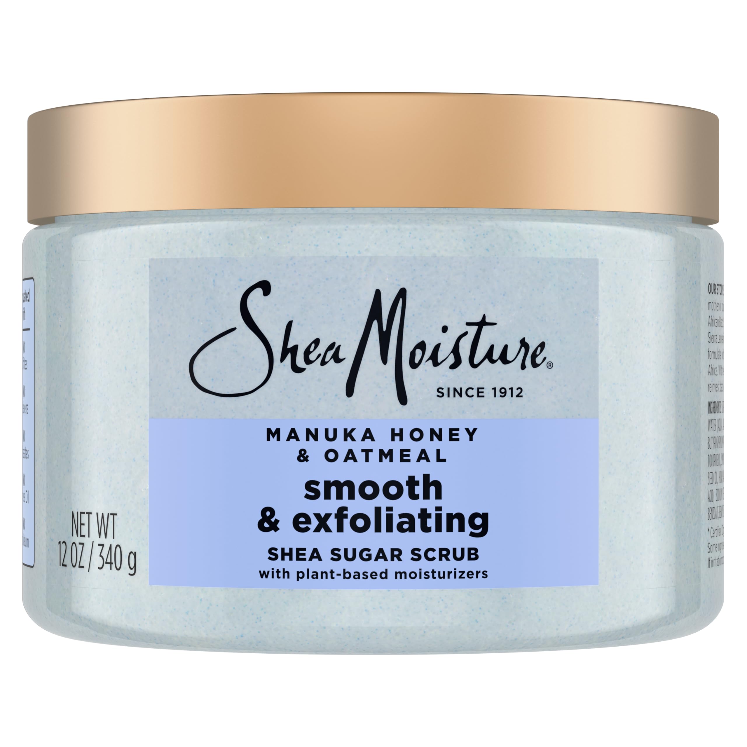 Scrub SheaMoisture de azúcar con Manuka Honey y avena en frasco para exfoliar suave.