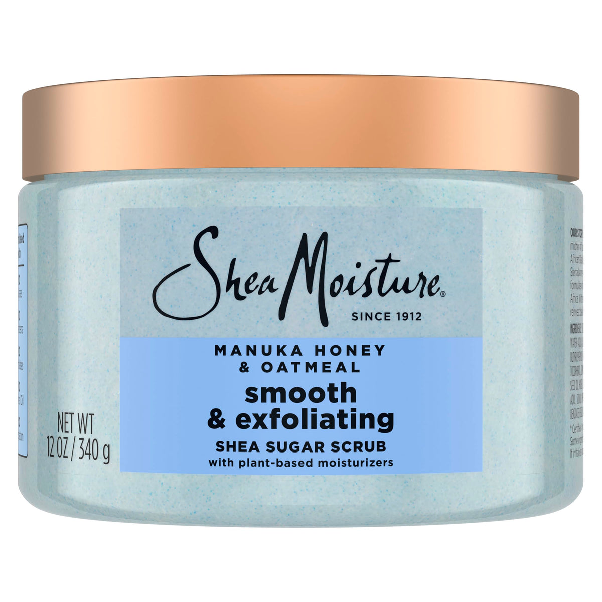 Scrub SheaMoisture de azúcar con Manuka Honey y avena en frasco para exfoliar suave.