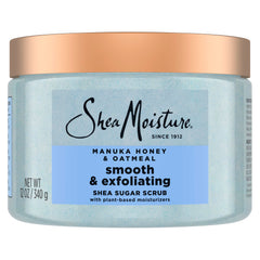 Scrub SheaMoisture de azúcar con Manuka Honey y avena en frasco para exfoliar suave.