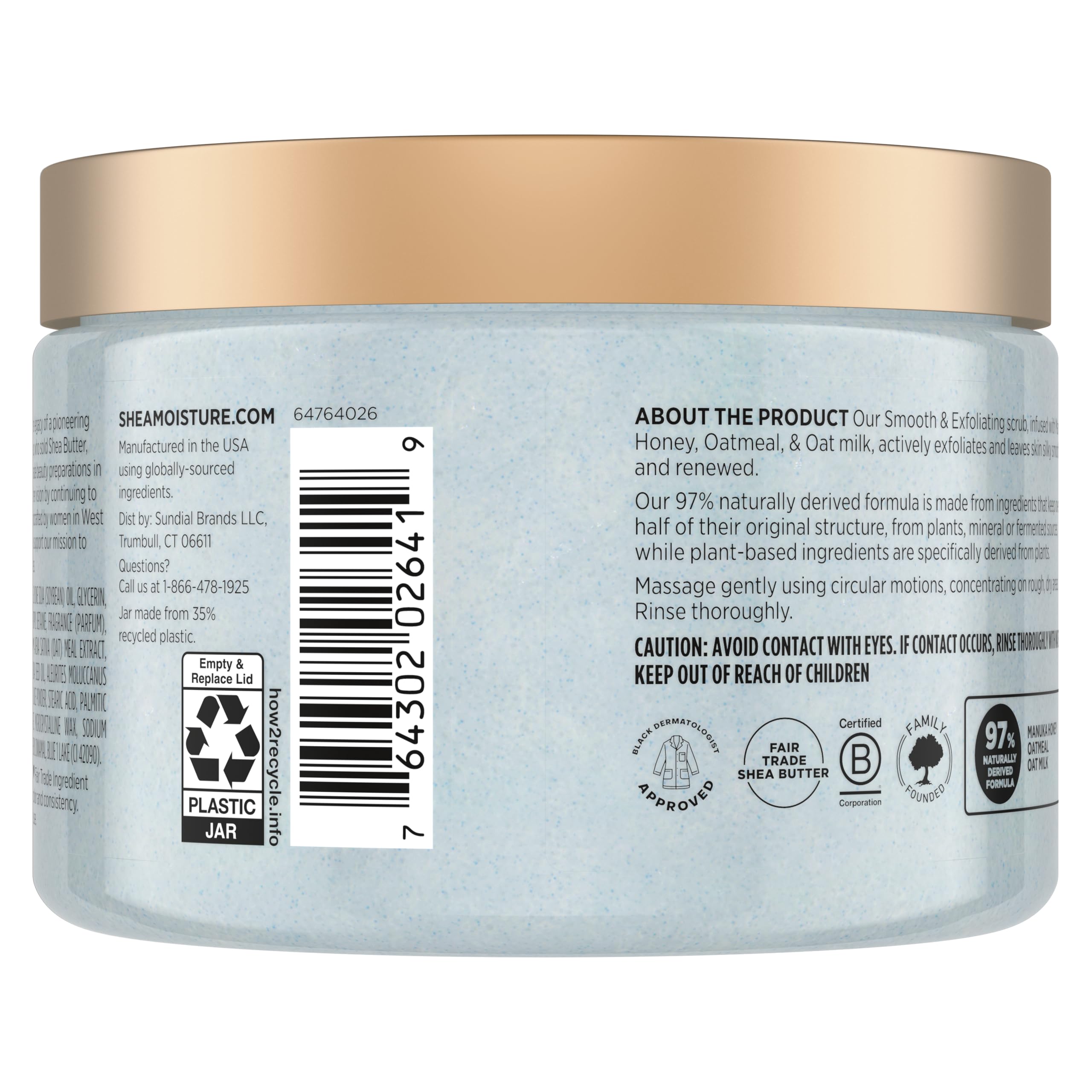 SheaMoisture Scrub Manuka Honey Oatmeal, textura exfoliante suave para piel lisa.