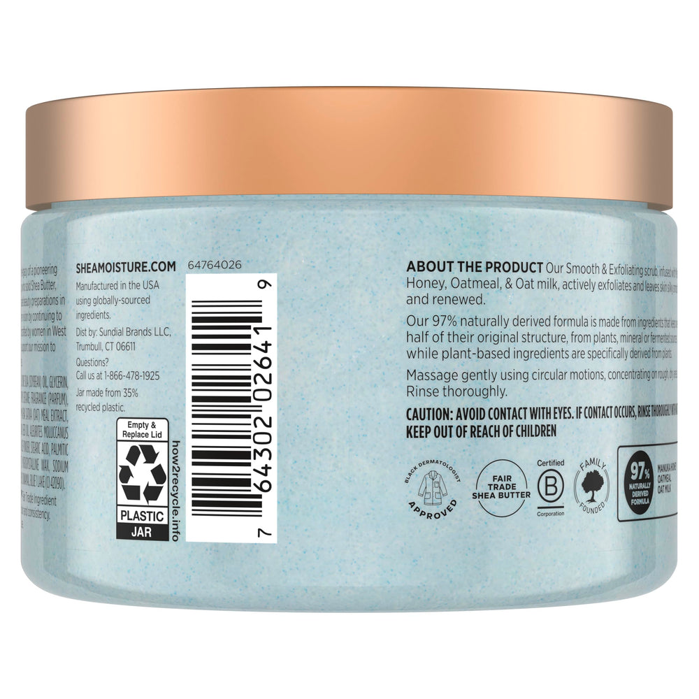 SheaMoisture Scrub Manuka Honey Oatmeal, textura exfoliante suave para piel lisa.