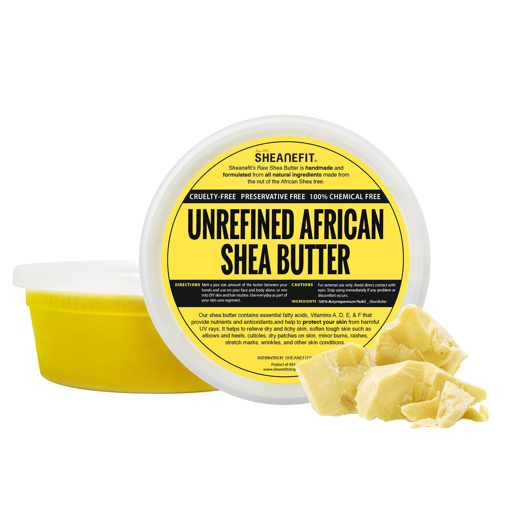 Manteca de karité cruda Sheanefit en frasco amarillo de 8oz para hidratación suave.