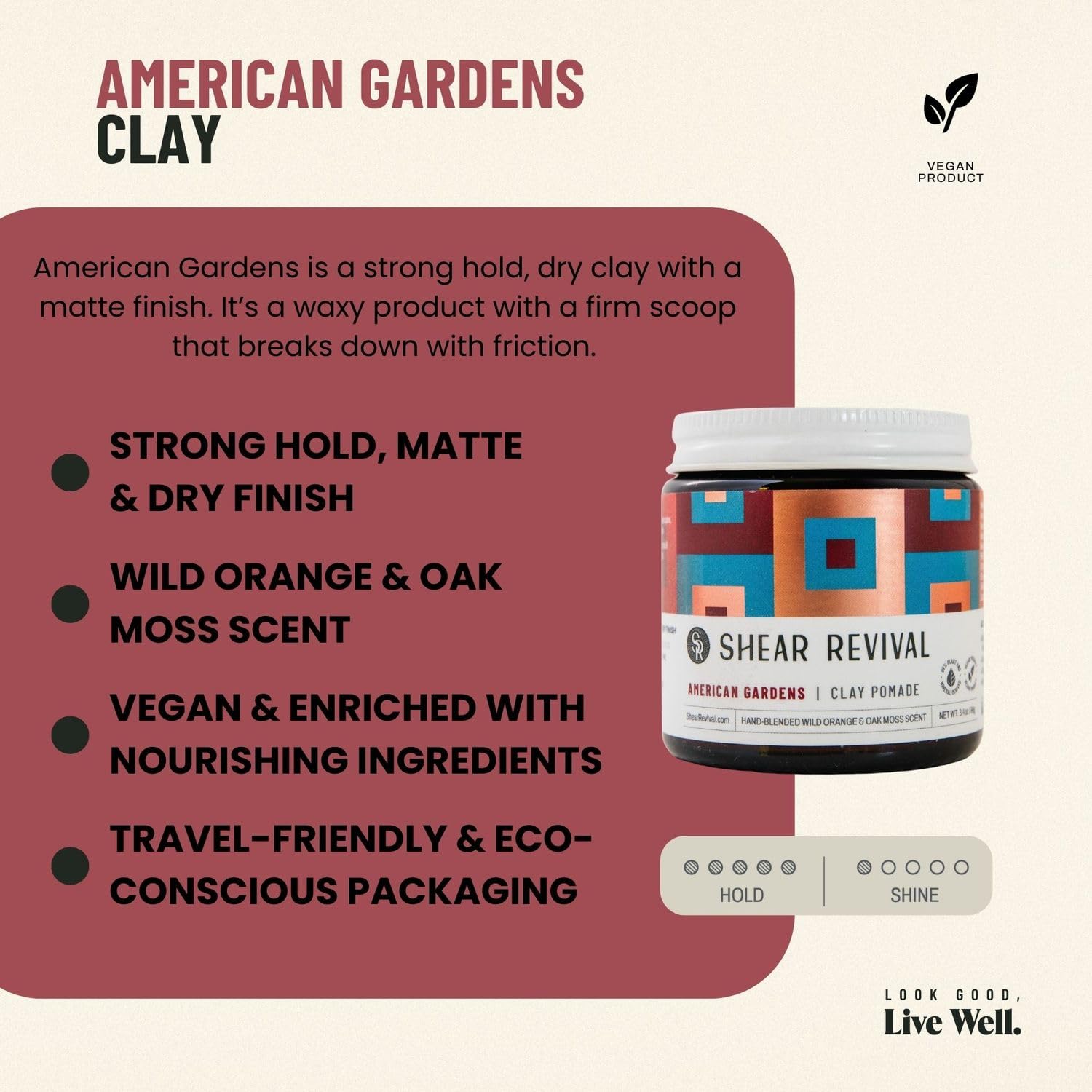 Texture-focused application demonstrates thick consistency and easy distribution for Shear Revival American Gardens Clay Pomade