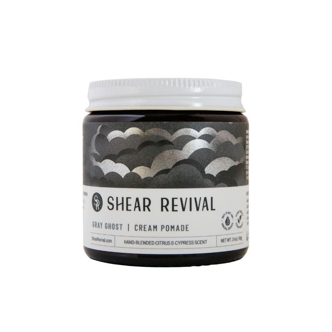 Shear Revival Gray Ghost Cream Pomade in amber jar for strong hold and natural finish.