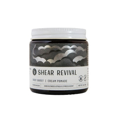 Shear Revival Gray Ghost Cream Pomade in amber jar for strong hold and natural finish.