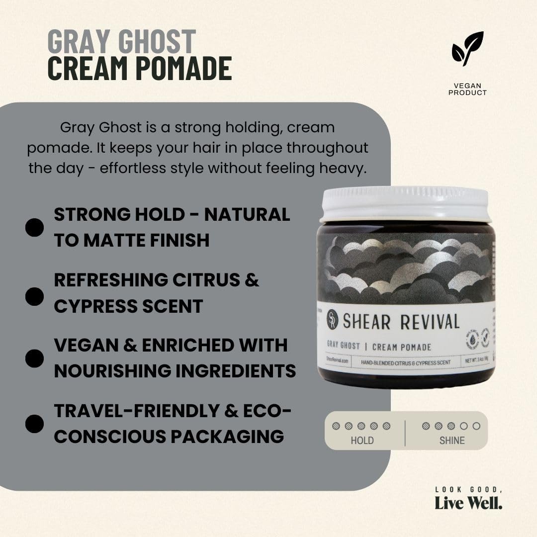 Hands applying Gray Ghost Pomade for versatile styling and easy distribution.