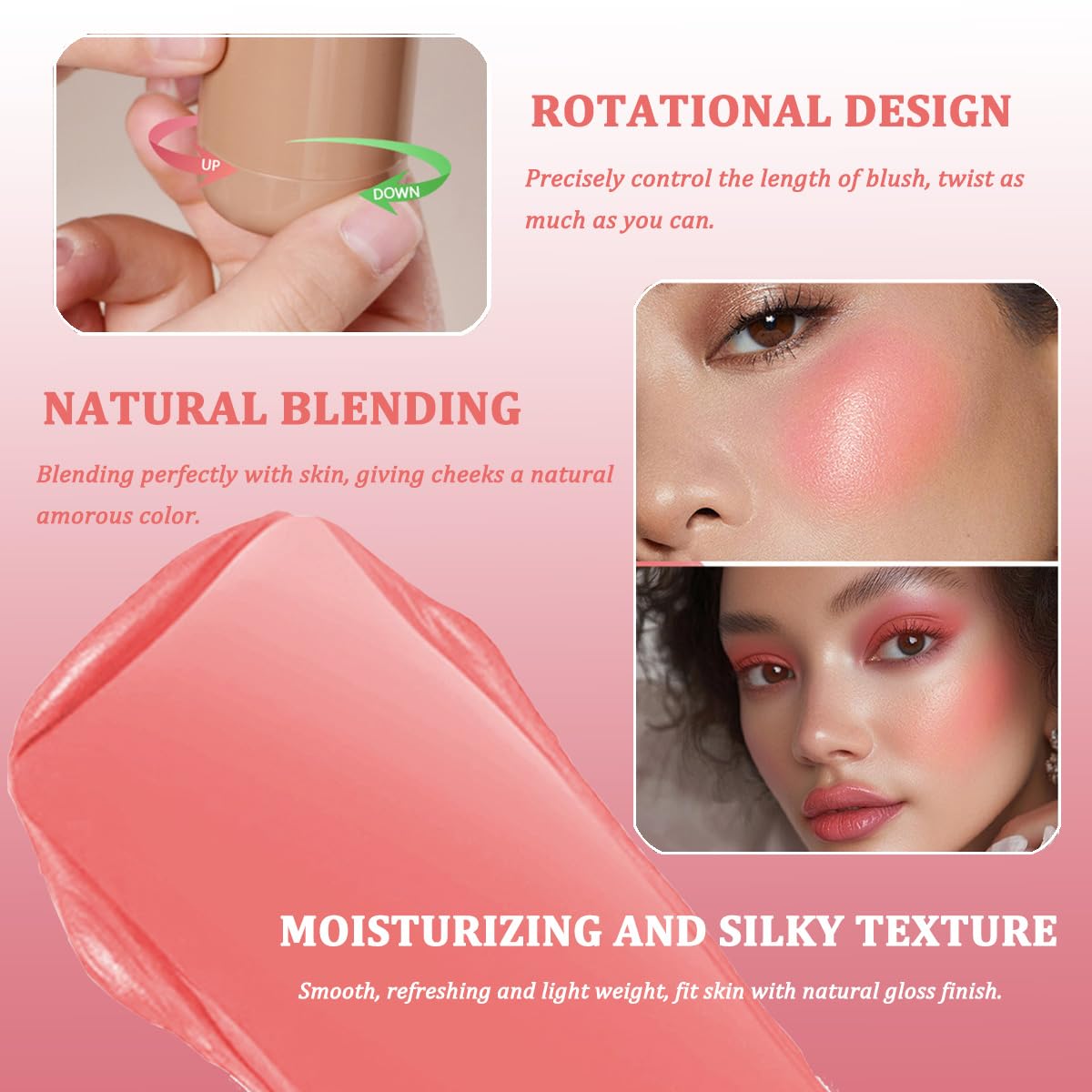 SHEEYOON Cream Blush Stick on cheek provides natural flush.