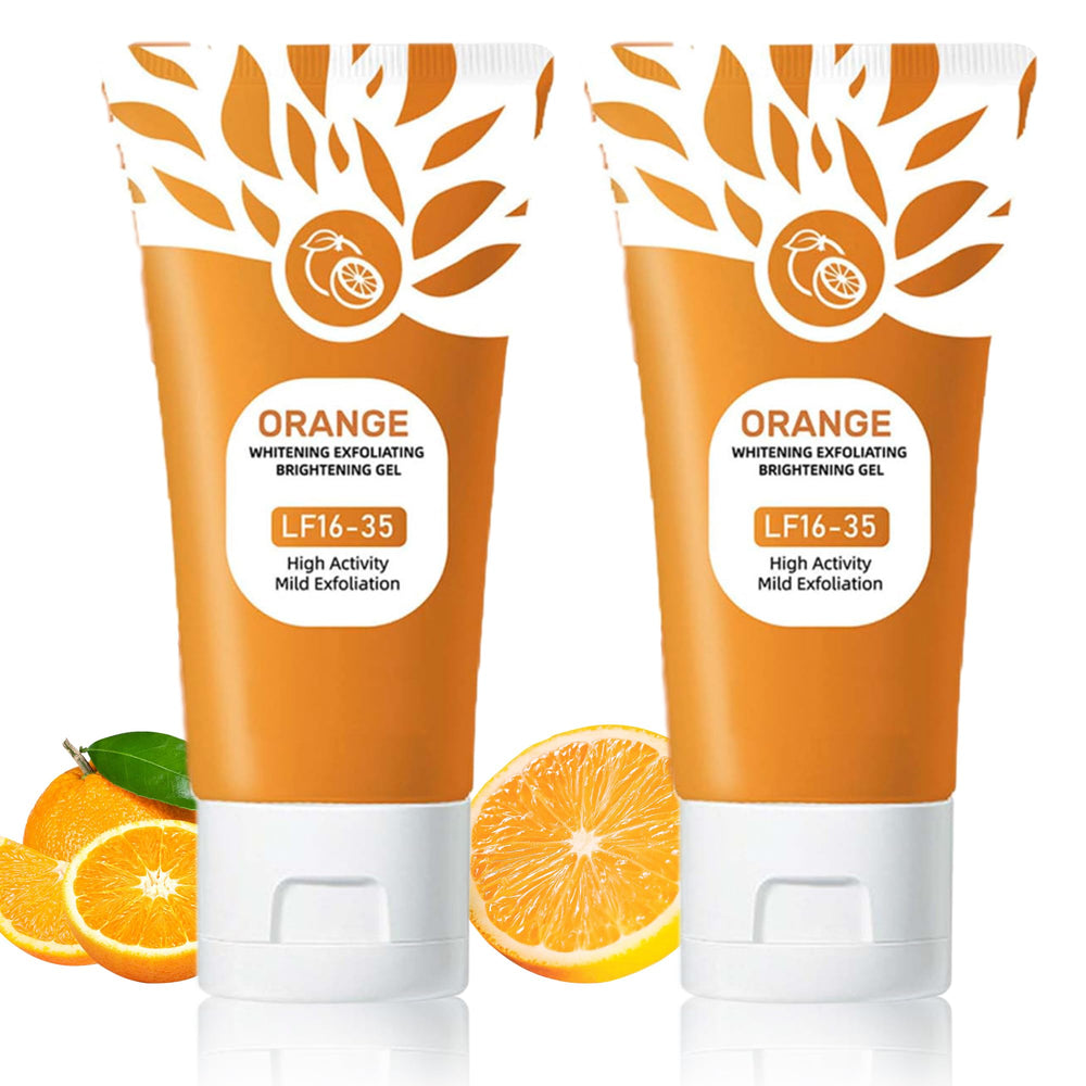 Sheghy exfoliante gel naranja, botella vertiendo para limpieza de poros.
