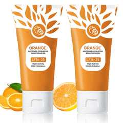 Sheghy exfoliante gel naranja, botella vertiendo para limpieza de poros.