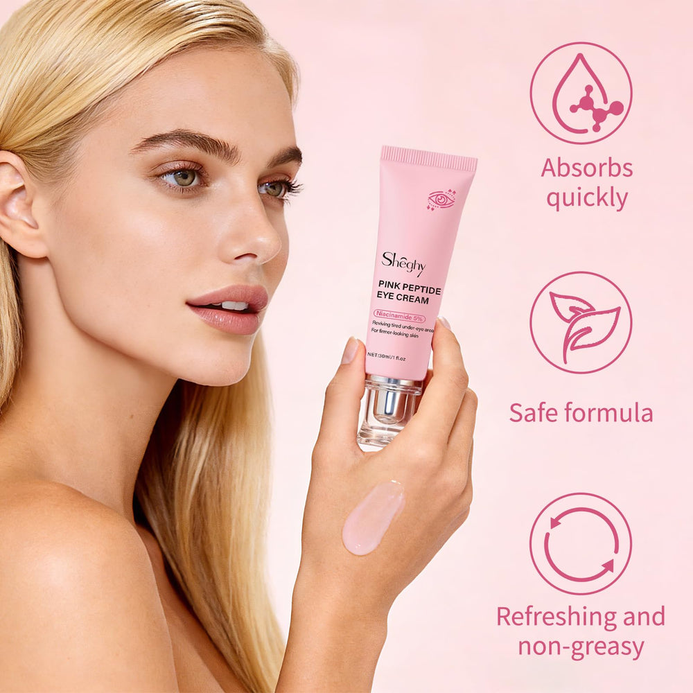 Sheghy PDRN Pink Peptide Eye Serum application depicts daily morning routine.