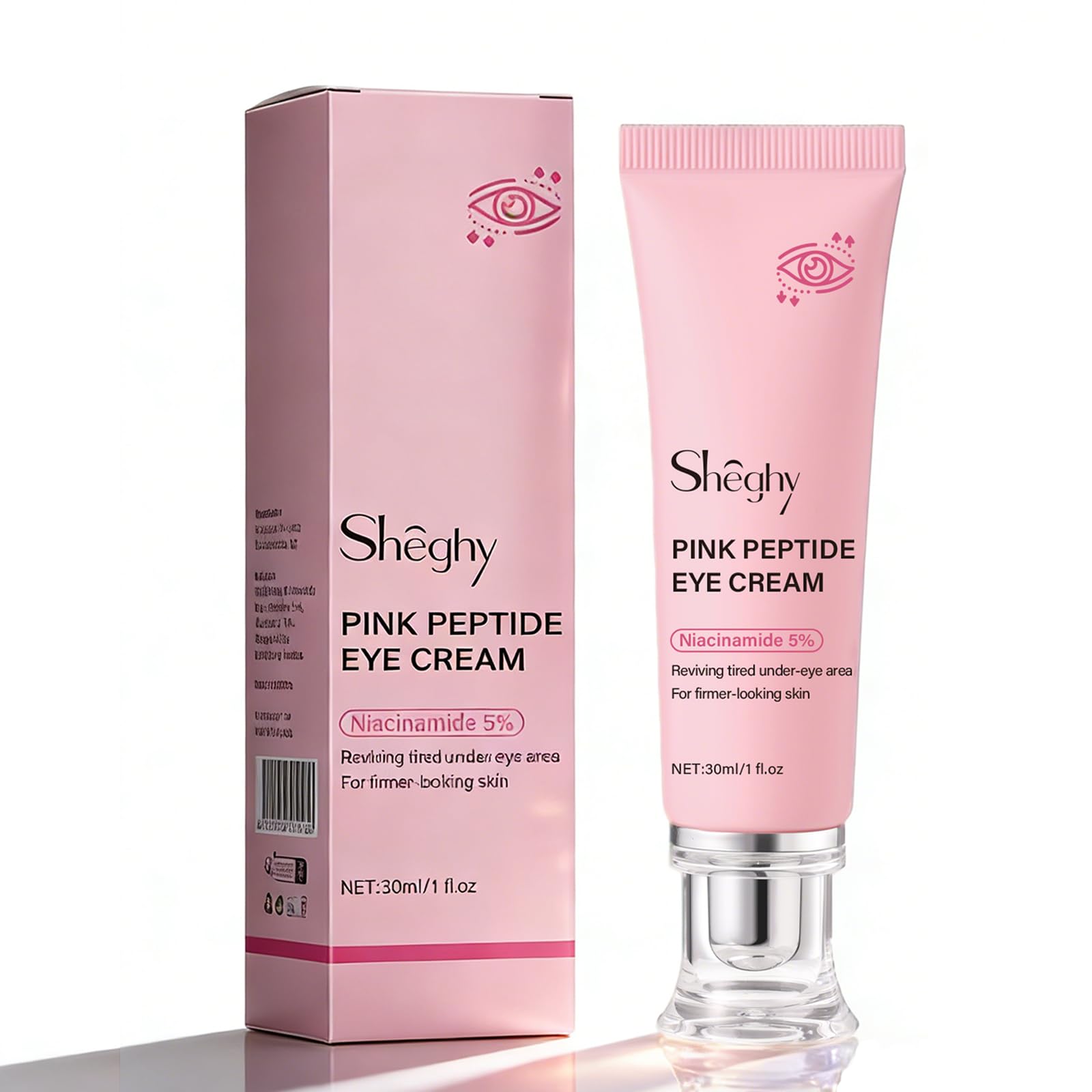 Sheghy PDRN Pink Peptide Eye Serum Bottle close-up showing smooth texture for daytime use.