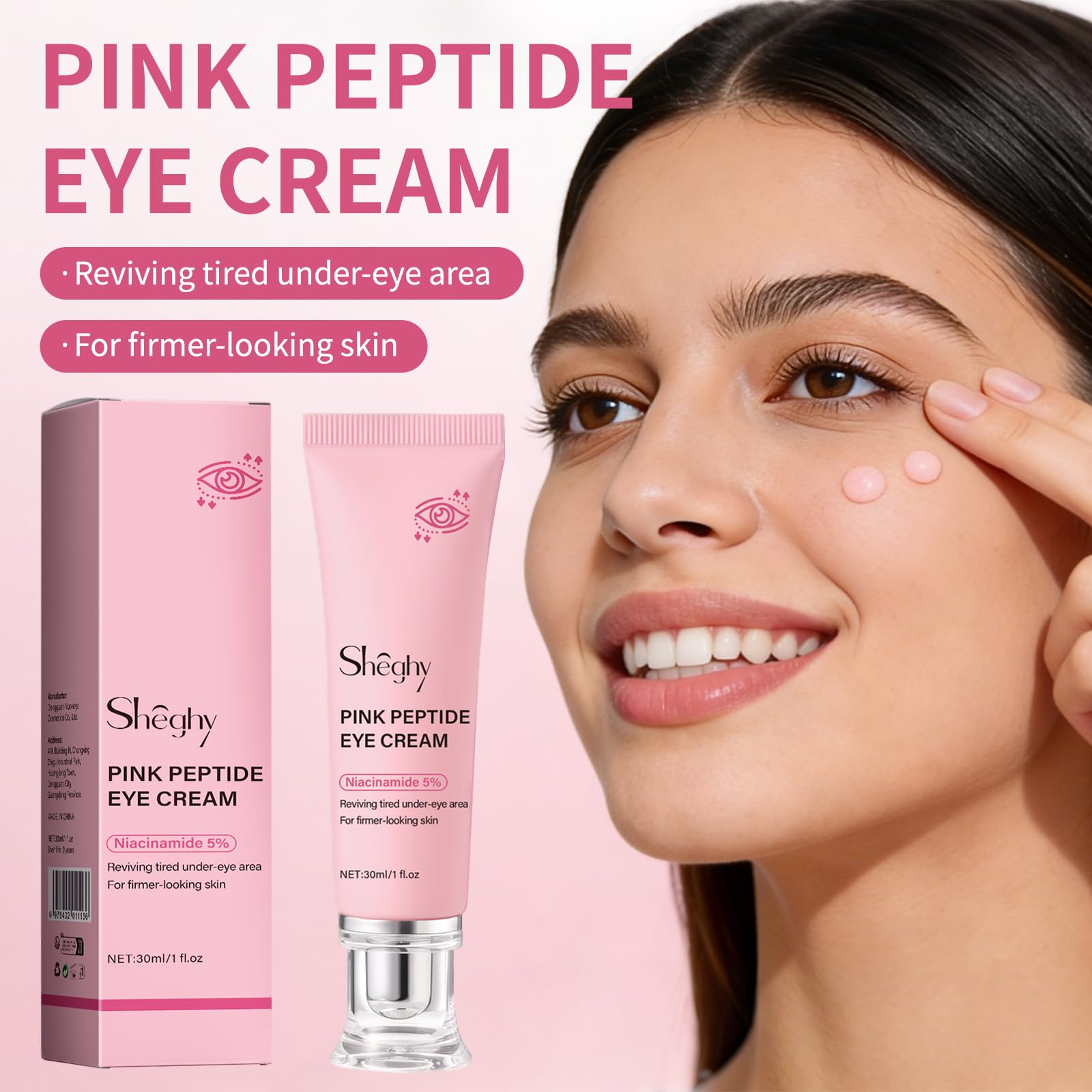 Sheghy PDRN Pink Peptide Eye Serum Cream swirl highlights luxurious hydration for under-eye care.