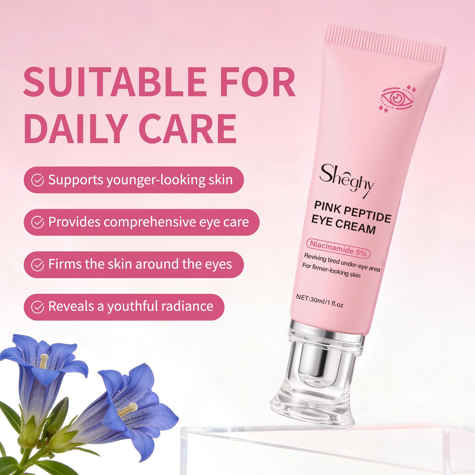 Sheghy PDRN Pink Peptide Eye Serum showing gentle absorption without heaviness.