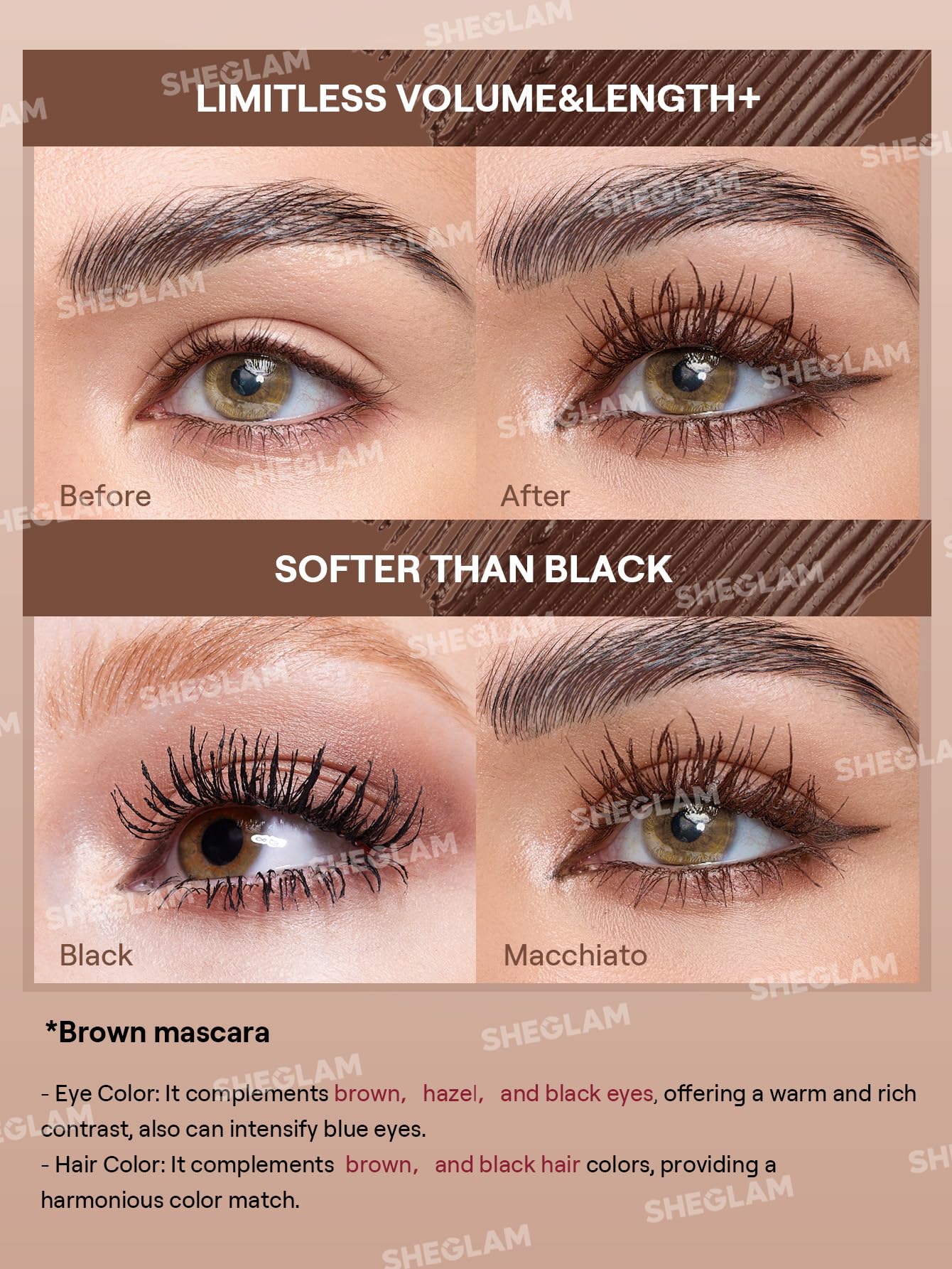 SHEGLAM All-In-One mascara layered application demonstrates bold color payoff