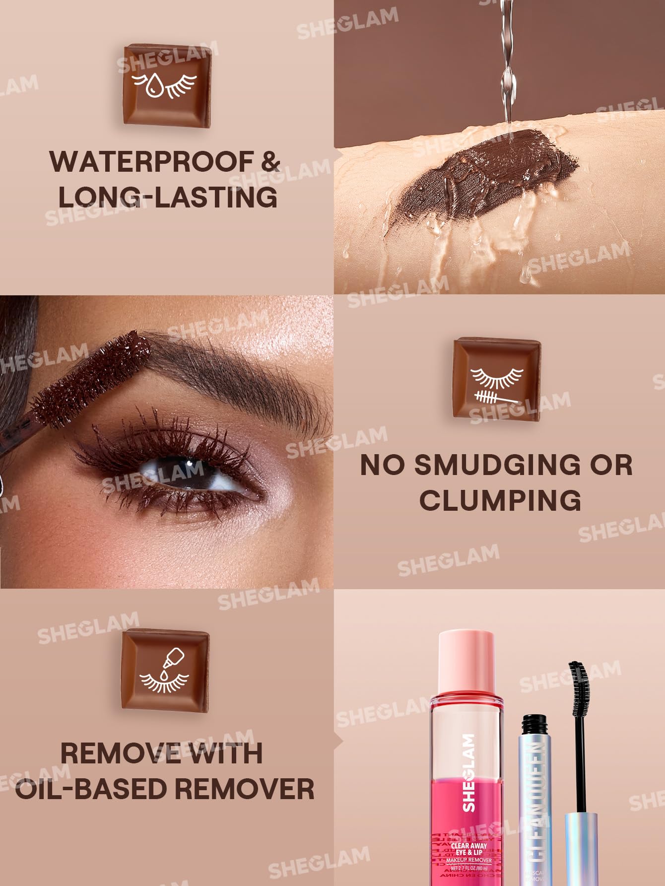 SHEGLAM patented brush heads lift, lengthen, curl, and separate lashes