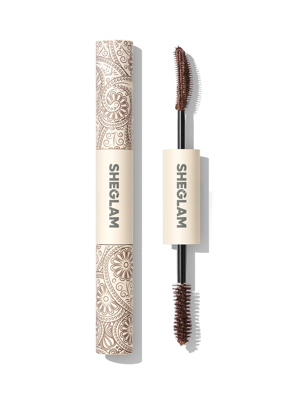 SHEGLAM All-In-One mascara wand close-up showing curved and hourglass brush for lift